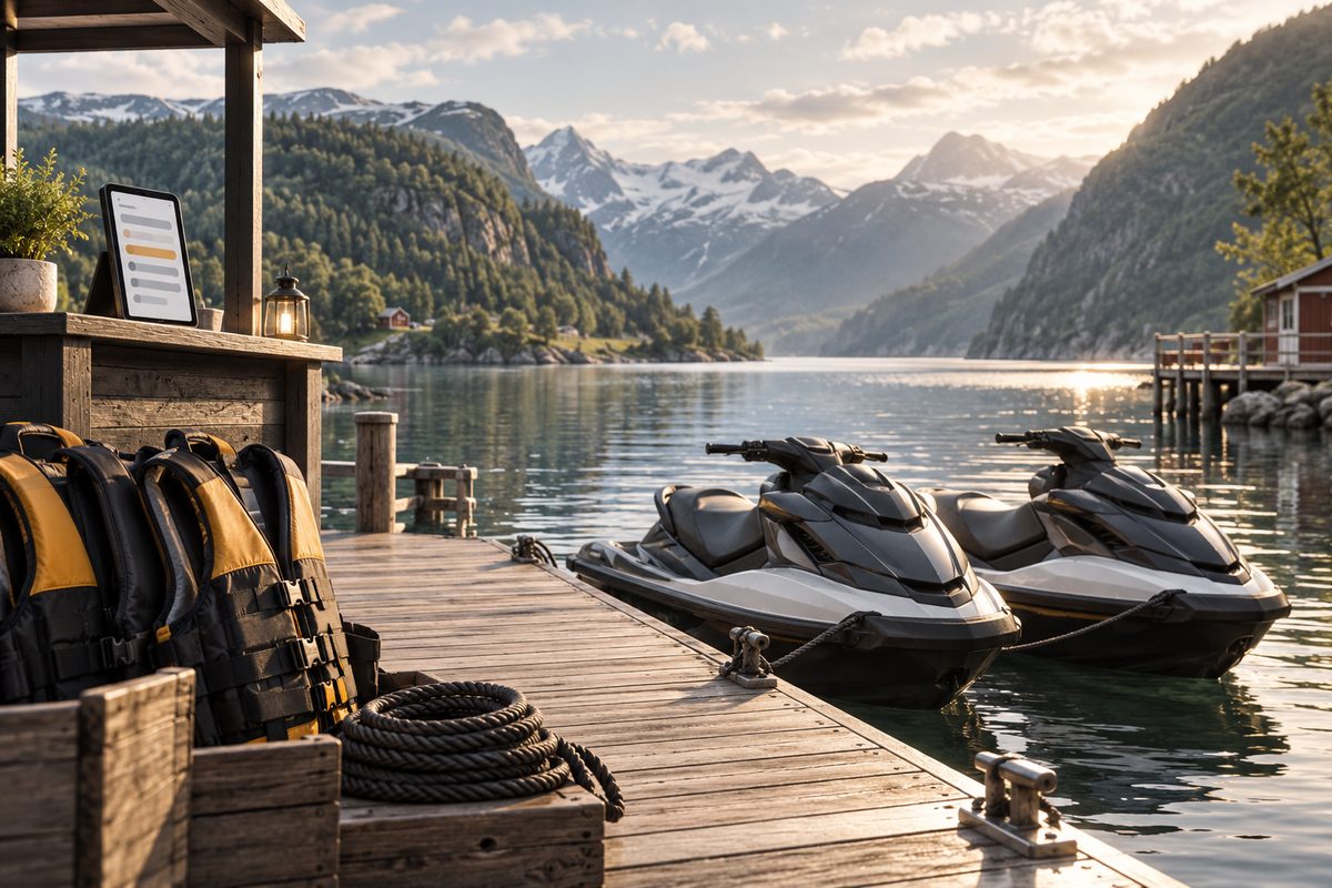 To vannscootere ligger ved en fjordbrygge med redningsvester og tau i forgrunnen, fjell i bakgrunnen og en telefon på benken.