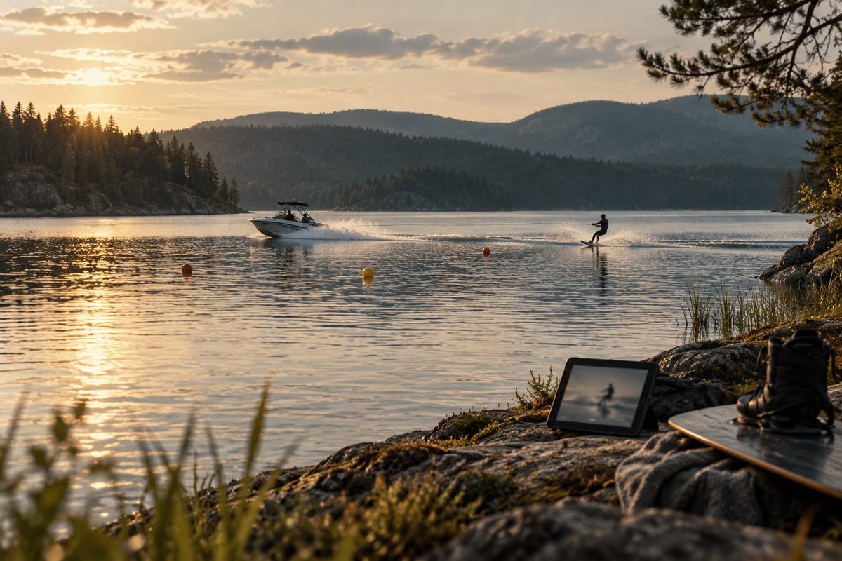 En liten motorbåt trekker en wakeboarder over en innsjø mens brett og nettbrett ligger på svaberget i forgrunnen.