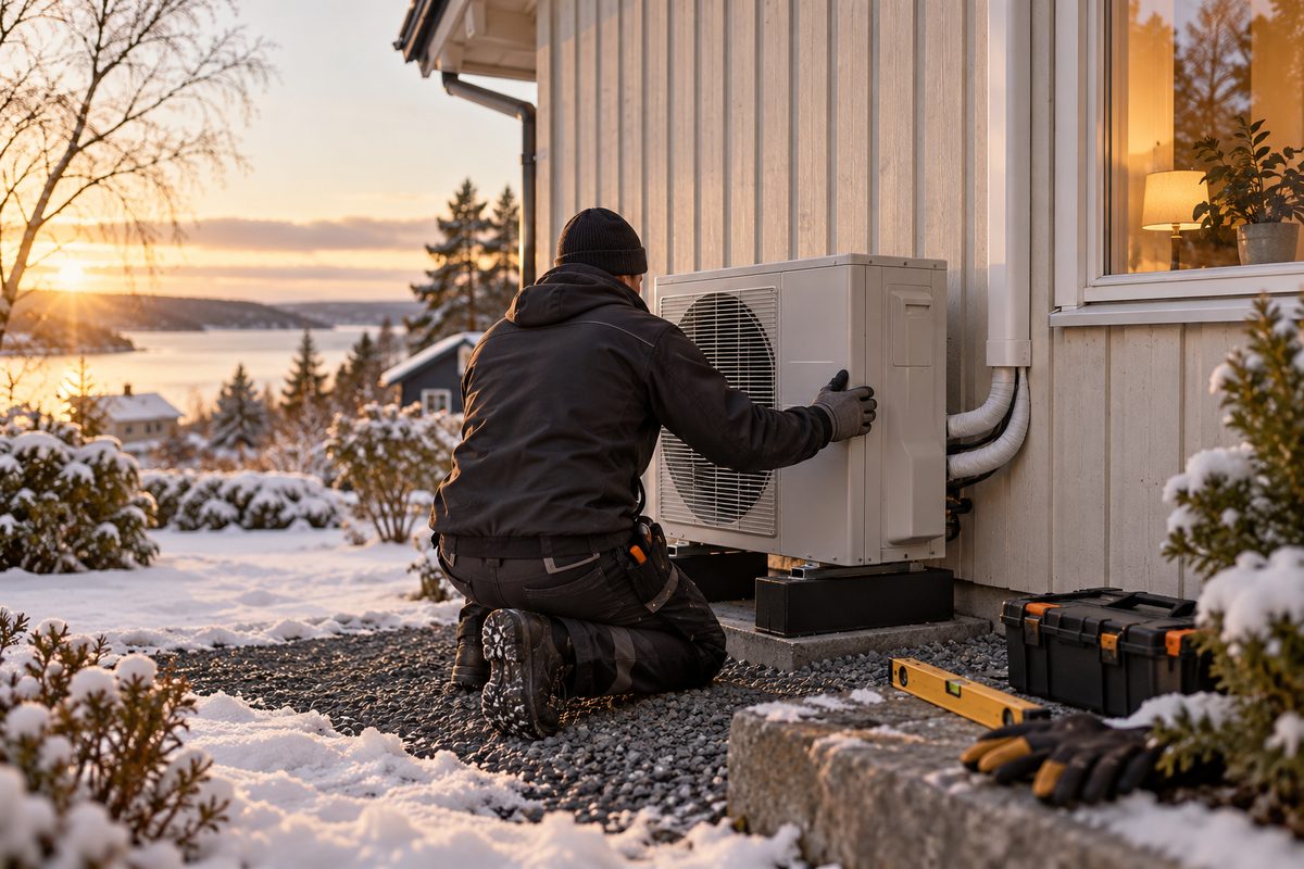 En installatør sett bakfra monterer en varmepumpe ved en snødekt, norsk bolig i kveldssol.