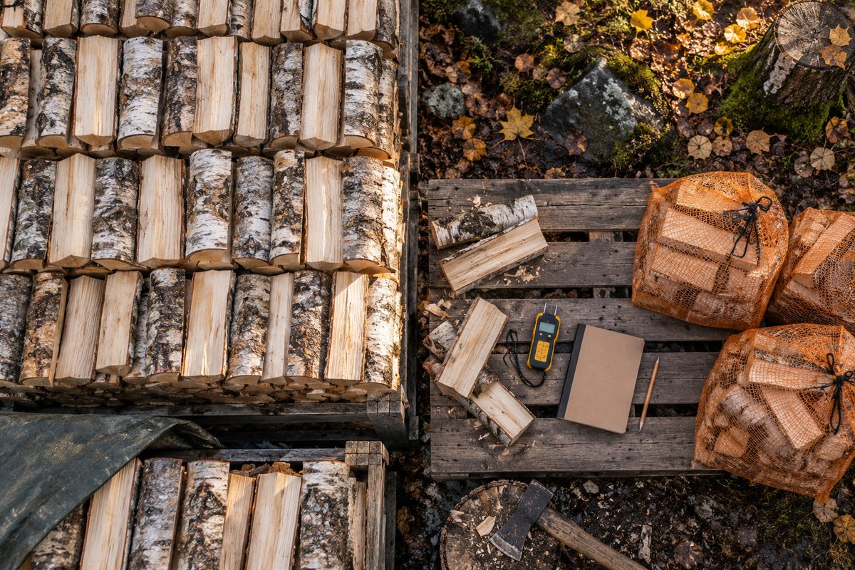 Vedkubber i stabler og sekker ligger ved en pall i skogkanten, med fuktmåler, blyant og lukket arbeidsbok.