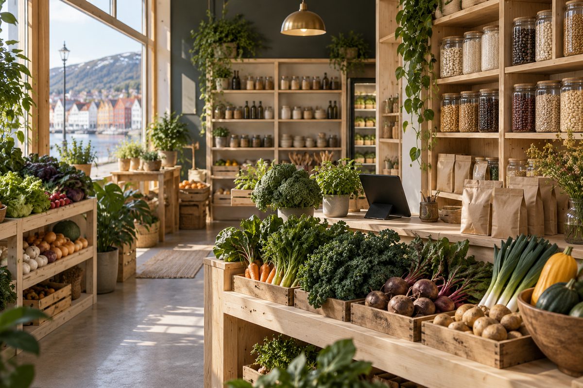 En lys veganbutikk viser ferske grønnsaker, urter og glass med korn i trehyller, med en skjerm ved disken.