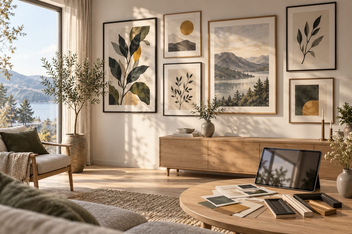 Innrammede plante- og landskapsbilder henger på en lys stuevegg, med rammeprøver og nettbrett på bordet.