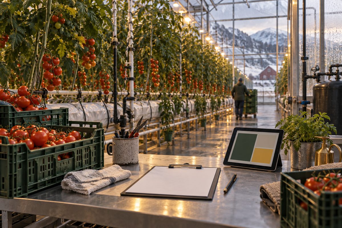 Tomatplanter og høstekasser fyller et opplyst veksthus, med nettbrett og notatbrett på arbeidsbenken foran.
