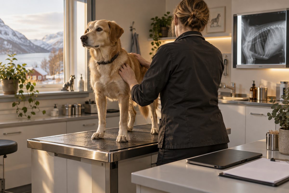 En veterinær undersøker en rolig hund på benken, mens et røntgenbilde lyser på veggen i klinikken.