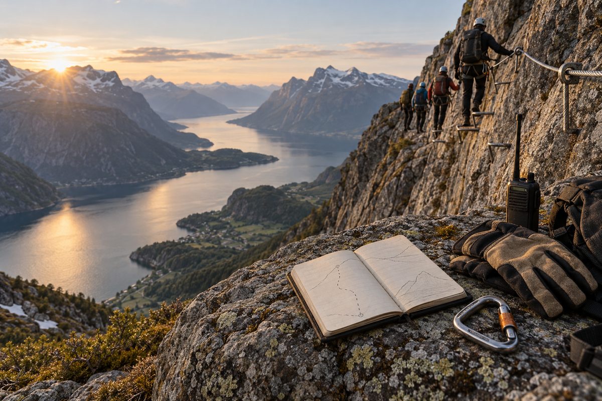 En gruppe går sikret langs en bratt fjellrute over fjorden, mens notatbok, radio, hansker og karabiner ligger på berget.