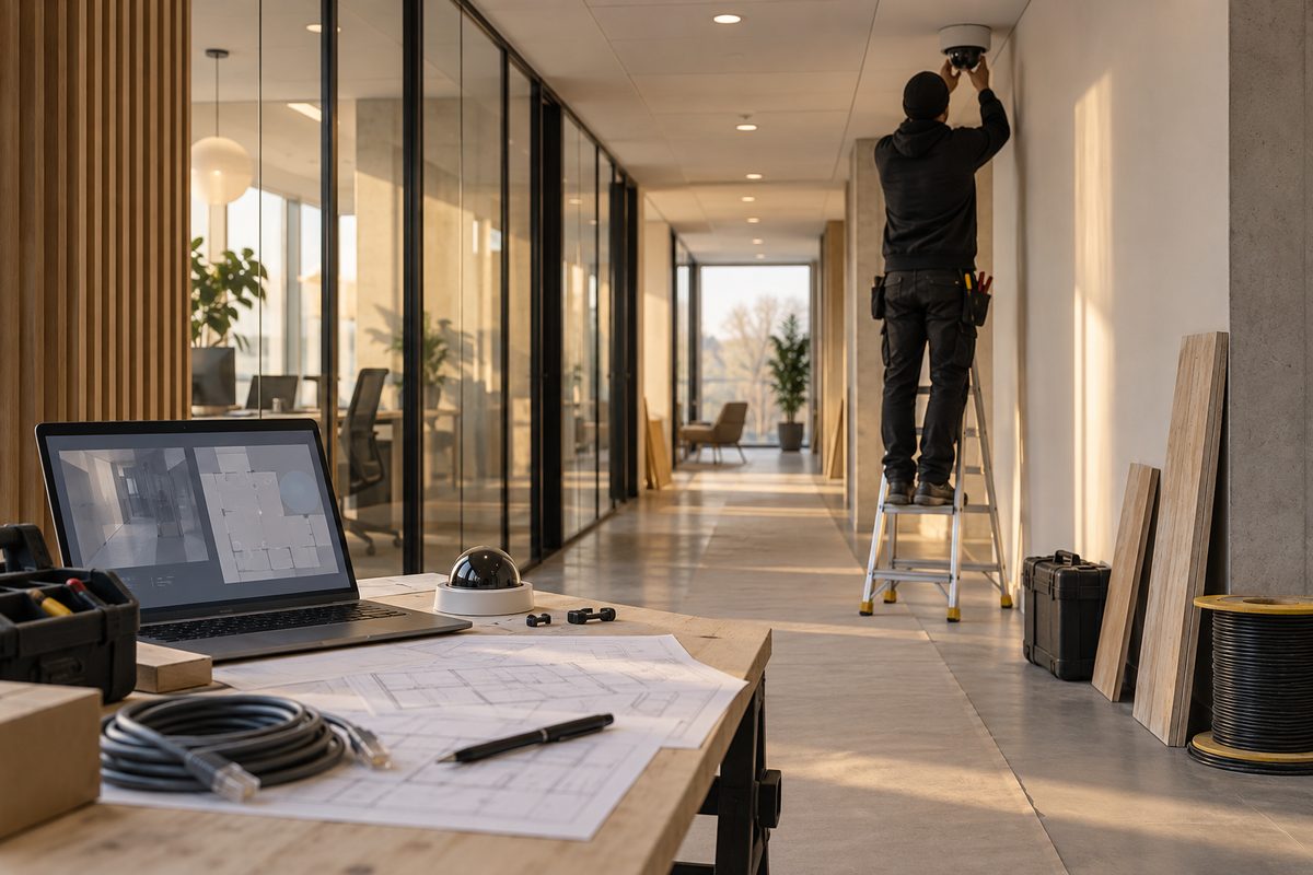 En montør justerer et takmontert kamera i en lys kontorgang, med skjerm, kabelrull og prosjektpapirer på arbeidsbordet.