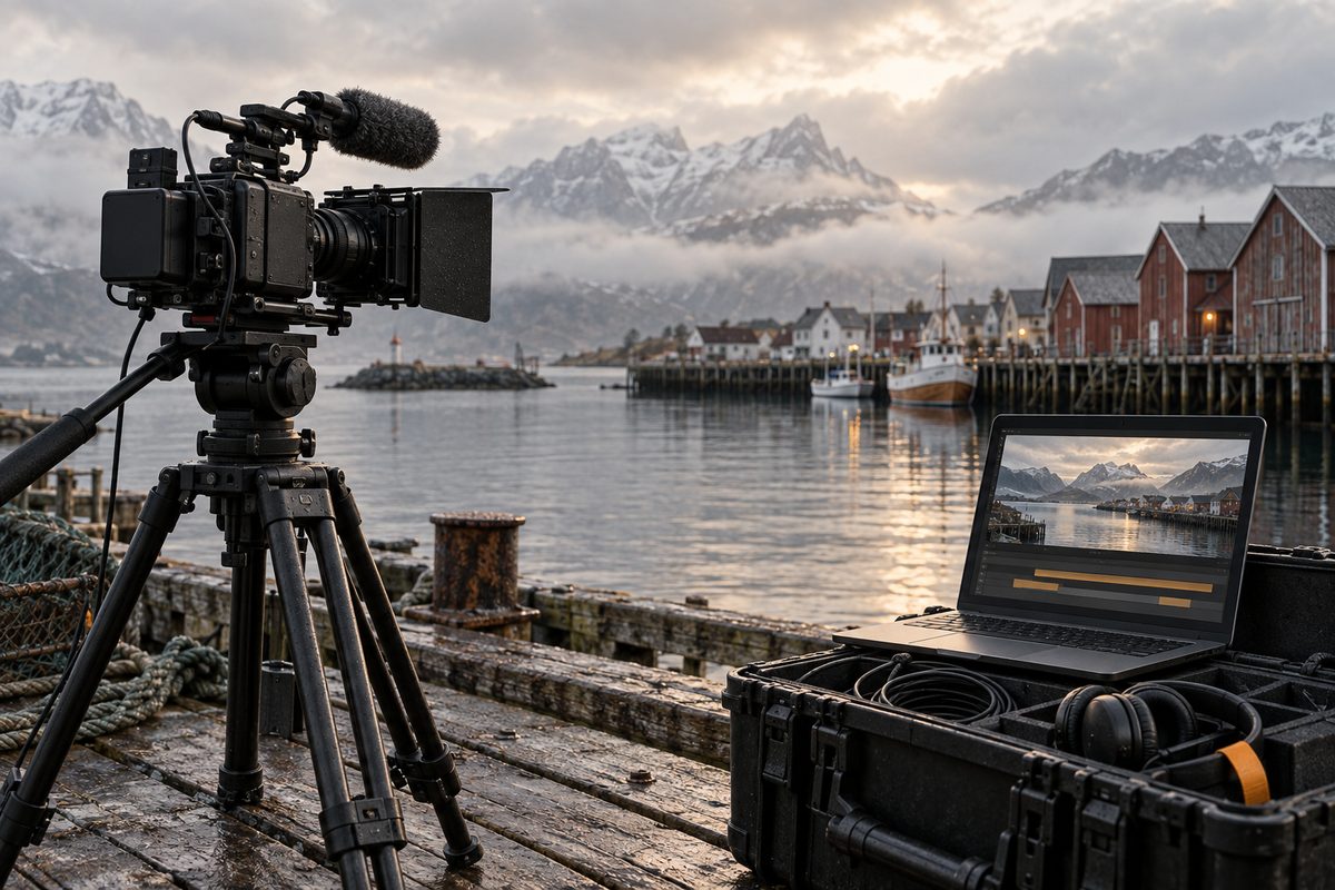 Et filmkamera på stativ og en bærbar datamaskin med videoklipp står på en brygge foran sjøhus og snødekte fjell.