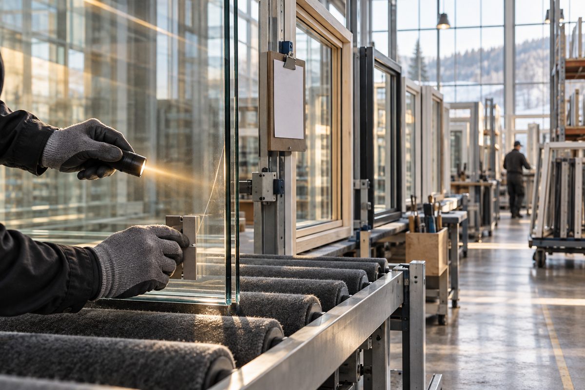 Hansker og kontrolllys gransker kanten på en glassrute ved produksjonslinjen, med vindusrammer på rekke i fabrikken.
