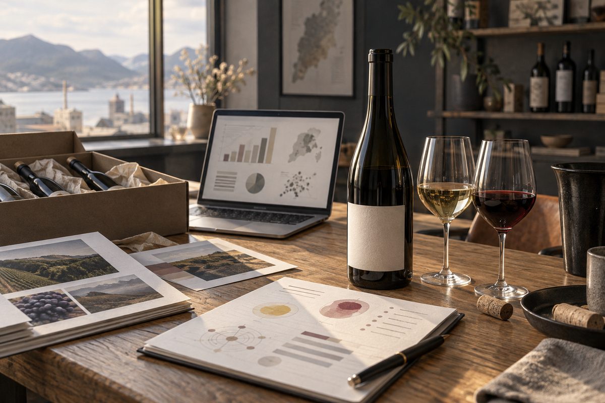 Umerkede vinflasker og smakeglass står ved siden av en bærbar PC med diagrammer og papirark på et solbelyst arbeidsbord.