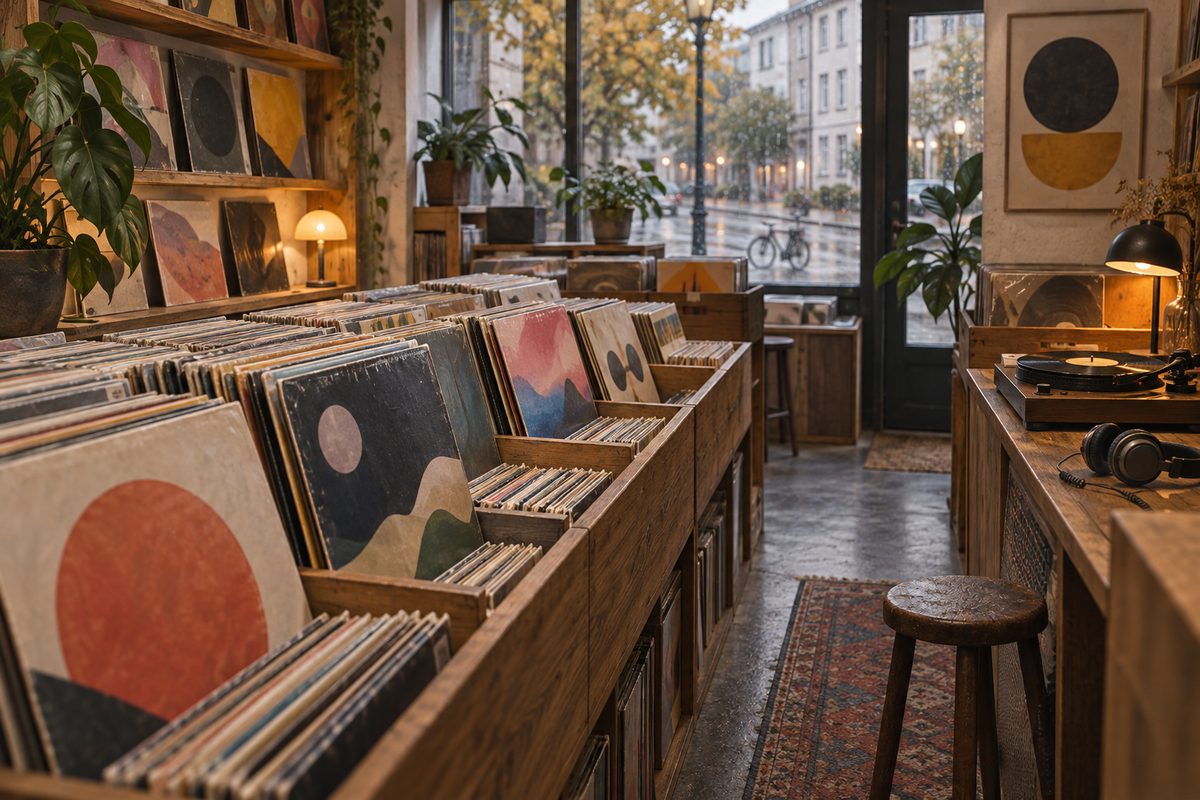 Vinylplater i trekasser står på skrå gjennom en platebutikk med platespiller, mens regn preger gaten utenfor vinduet.
