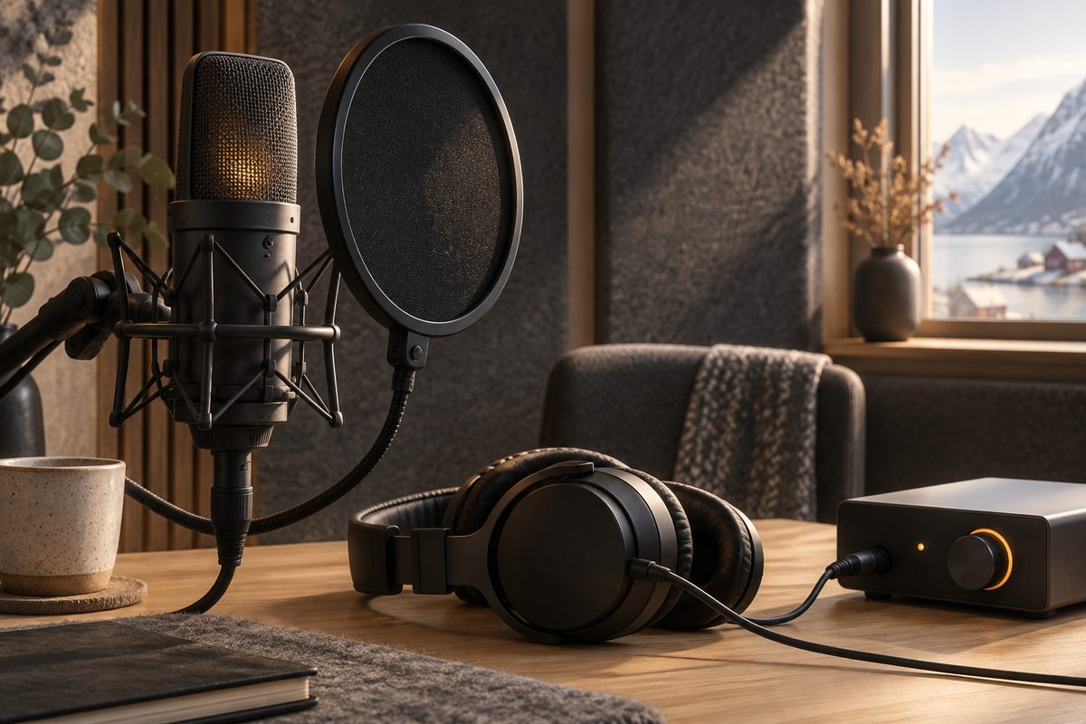 Mikrofon med popfilter, hodetelefoner og lydkort på et trebord i et lunt studio med utsikt mot fjord og fjell.