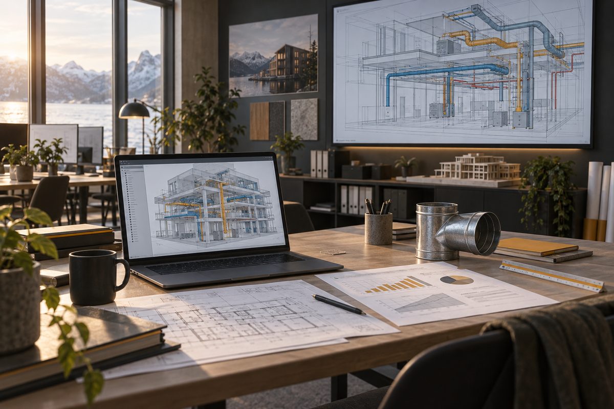 Et VVS-kontor med BIM-modeller av ventilasjonskanaler på skjermer, tegninger, energiberegning og en metallkanal på skrivebordet.