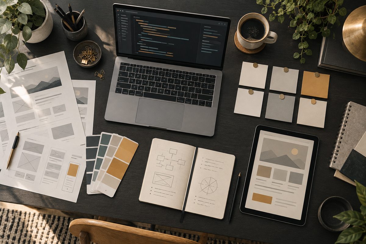 Et arbeidsbord sett ovenfra med laptop, wireframe-skisser, fargeprøver, nettbrett og blanke prosjektkort i et webbyrå.