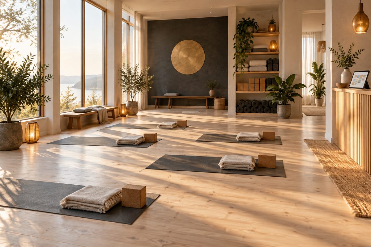 Et lyst yogastudio med matter, tepper og korkblokker på tregulvet, med et lite nettbrett ved resepsjonen.