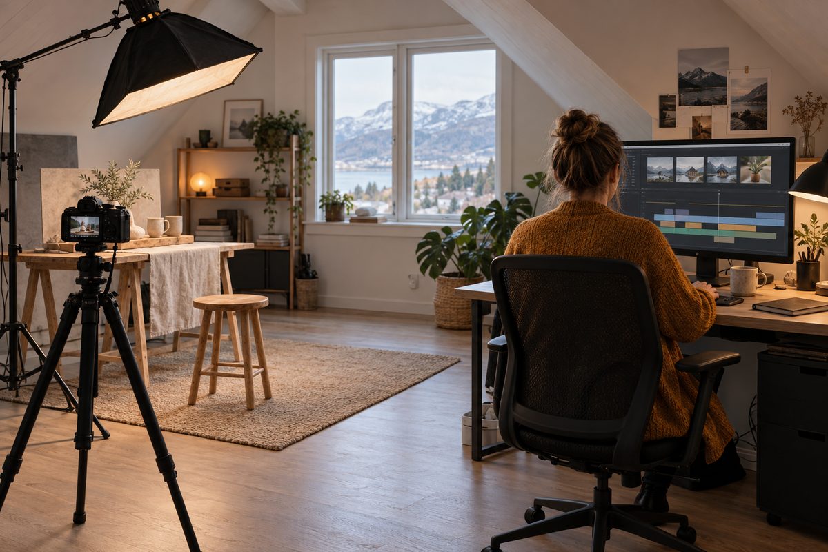 En innholdsskaper sett bakfra redigerer video i et lyst loftsstudio med kamera på stativ og en stor studiolampe.