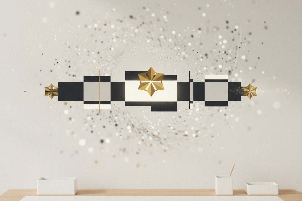 Videotidslinje med et geometrisk symbol i bevegelse over en bakgrunn med lyspartikler