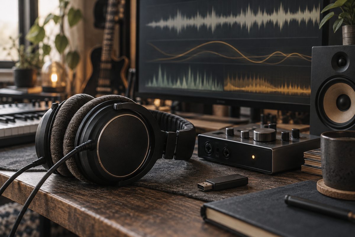 Hodetelefoner og lydkort ligger foran en skjerm med abstrakte bølgeformer og spektralkurver i et dempet musikkstudio.