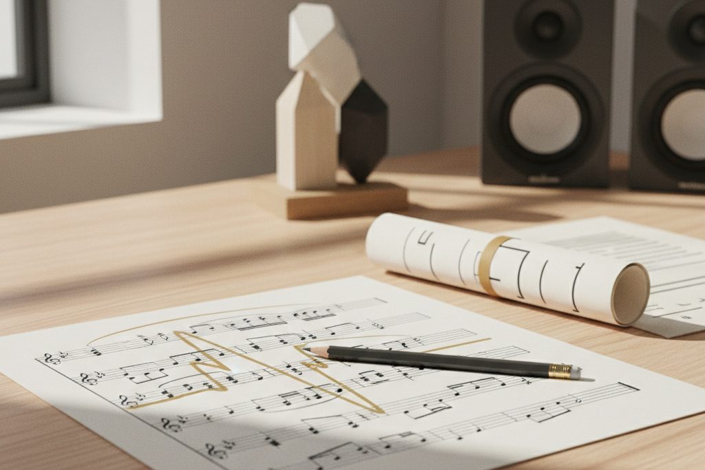 Noteark, blyant og lydbølge på et skrivebord symboliserer musikk og rettigheter