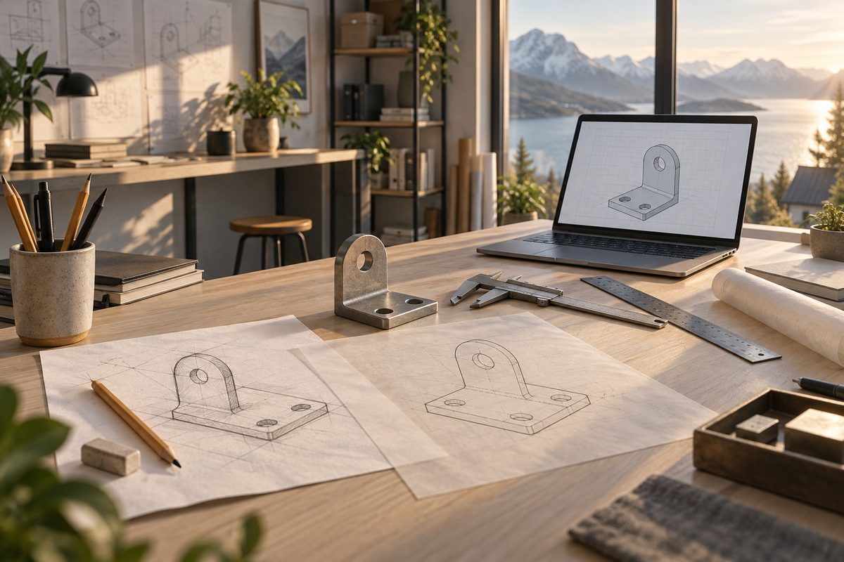 En metallbrakett, skyvelære og papirtegnede konturer ligger på et lyst tegnebord foran en bærbar PC med CAD-modell og fjordutsikt.