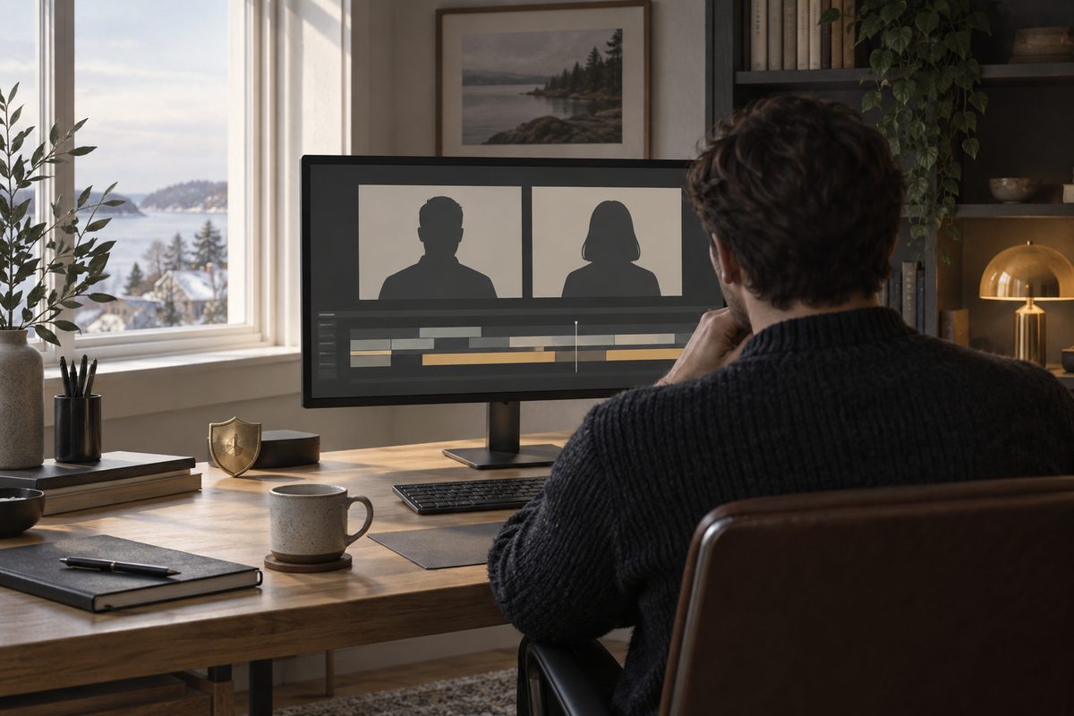 En person sett bakfra vurderer to portrettsilhuetter og en videotidslinje på en skjerm ved et vindu med utsikt mot fjorden.