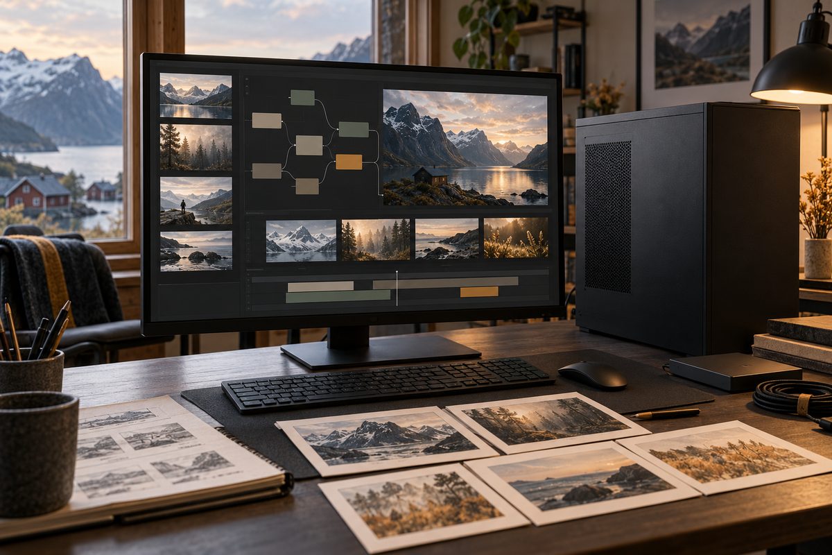 En kraftig stasjonær PC står ved en skjerm med en nodegraf og filmruter fra fjellandskap.