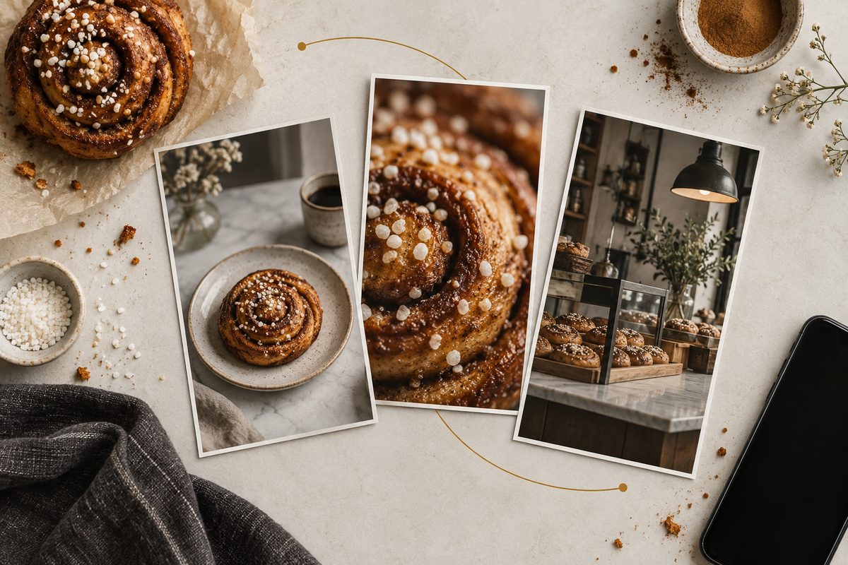 Tre stående bilder av kanelboller og en bakeridisk ligger på et lyst bord med en kanelbolle, en mobil og buede gylne linjer.