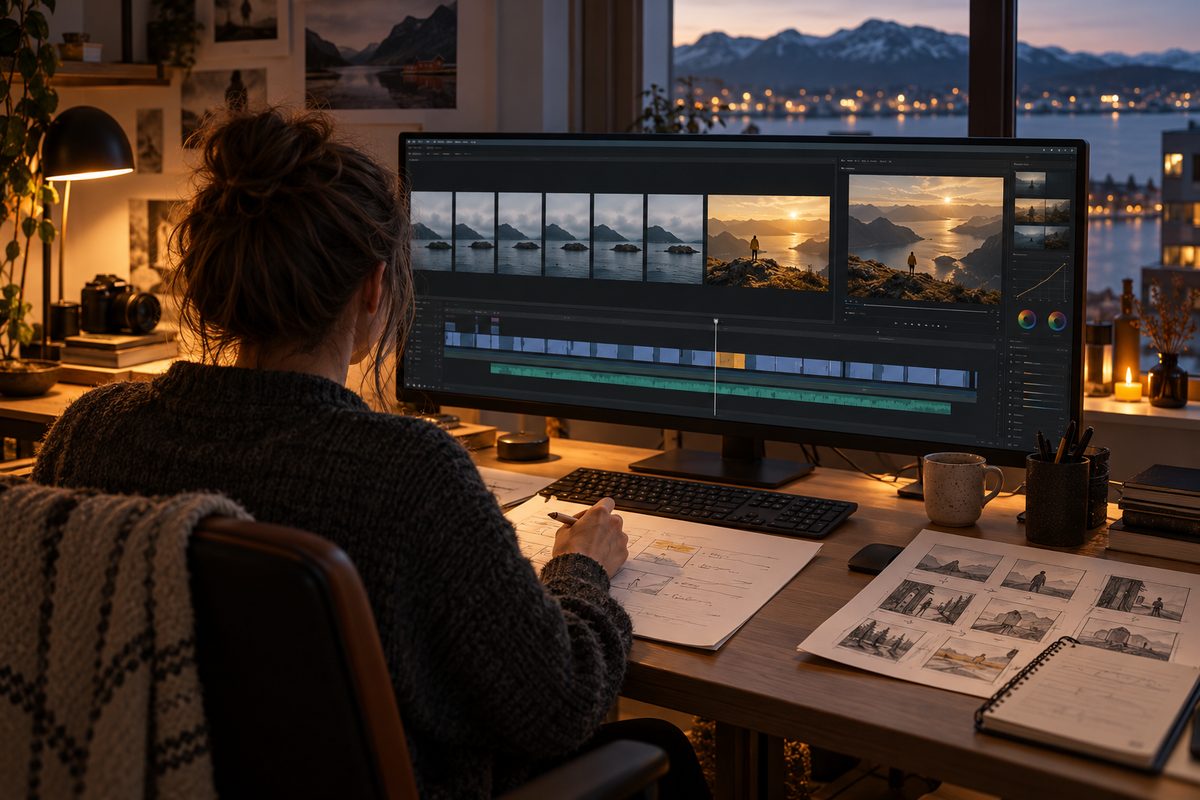 En filmskaper sett bakfra vurderer like videoklipp på en tidslinje ved siden av storyboard og notater.
