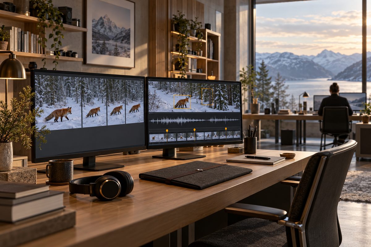 To skjermer viser en rev i flere videoruter, med lydkurve og markører på tidslinjen i et nordisk arbeidsrom.