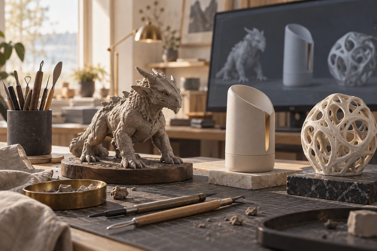 En leirdrage, et lyst produktkonsept og en detaljert 3D-print står på arbeidsbordet foran en skjerm med modeller.