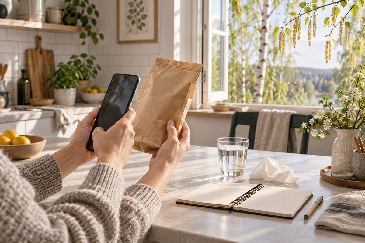 Hender bruker mobilen mot en matvarepakke ved kjøkkenbenken, mens bjørkepollen skimtes utenfor vinduet.