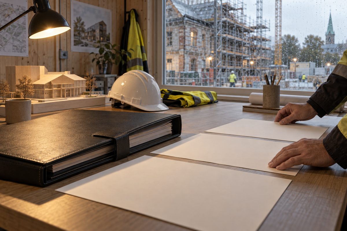 En åpen tilbudsmappe, blanke ark og en vernehjelm ligger på bordet i en prosjektbrakke med byggeplass utenfor.