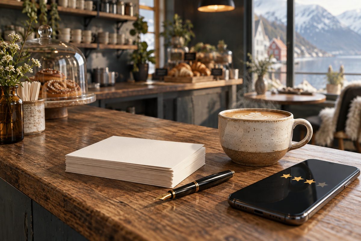 På kafédisken ligger blanke tilbakemeldingskort, en penn og en telefon med stjernesymboler ved siden av en kopp.