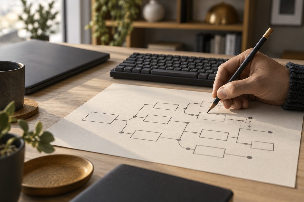 En hånd tegner et forgrenet rutekart på papir ved siden av et tastatur og en mørk laptop.