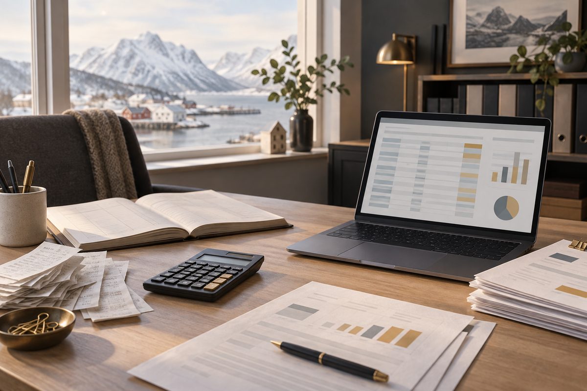 Kvitteringer, kalkulator, åpen hovedbok og laptop med enkle diagrammer viser arbeidet med regnskapsavslutning.