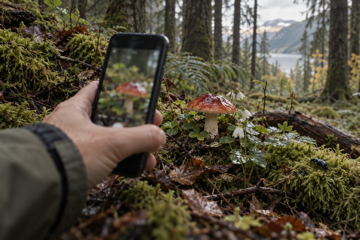 En hånd holder mobilen mot en rødbrun sopp blant mose, småplanter og en bille i en fuktig norsk skog.