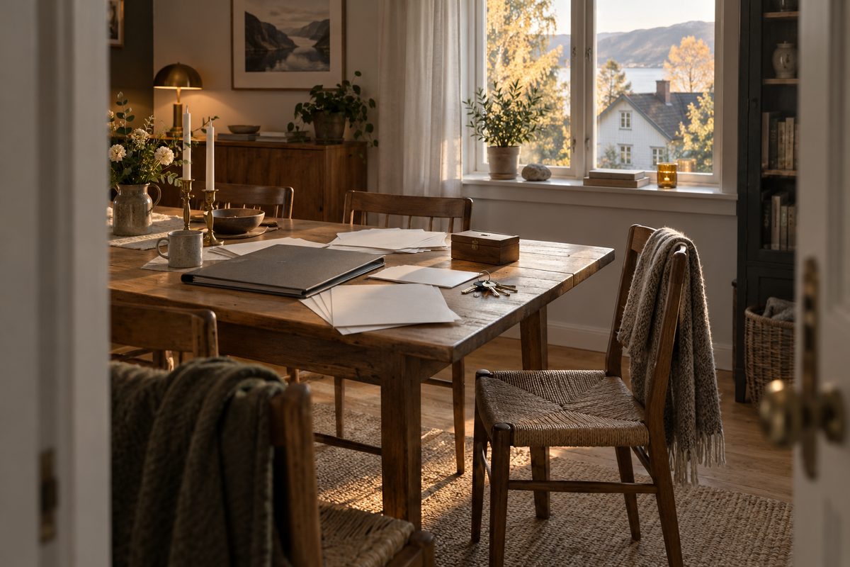 Blankt papir, en mappe og husnøkler ligger på bordet i et stille hjem med en tom stol ved vinduet.