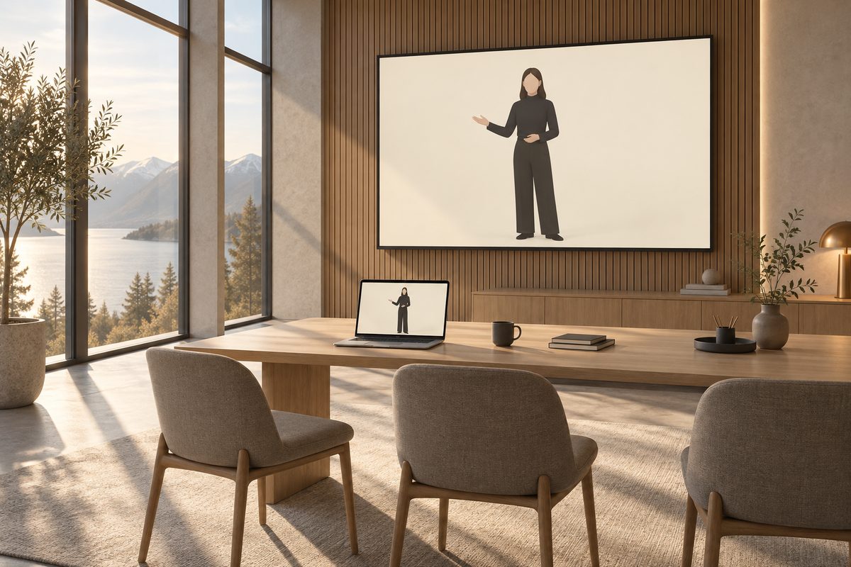 En stilisert digital presentatør vises på veggskjerm og bærbar PC i et lyst møterom med tomme stoler og fjordutsikt.