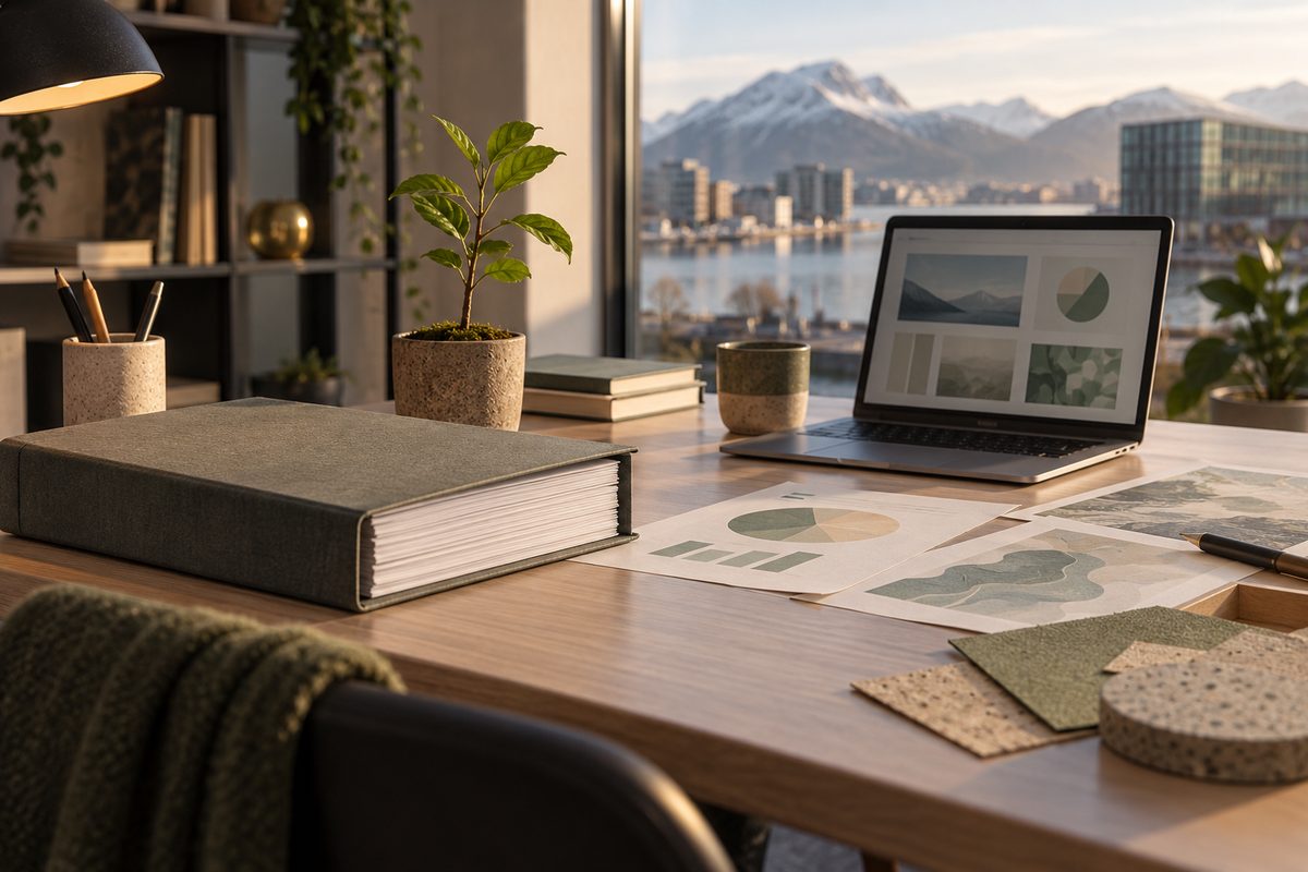 En rapportmappe, diagramark, frøplante og prøver av resirkulert papir ligger på et lyst nordisk kontor med fjellutsikt.