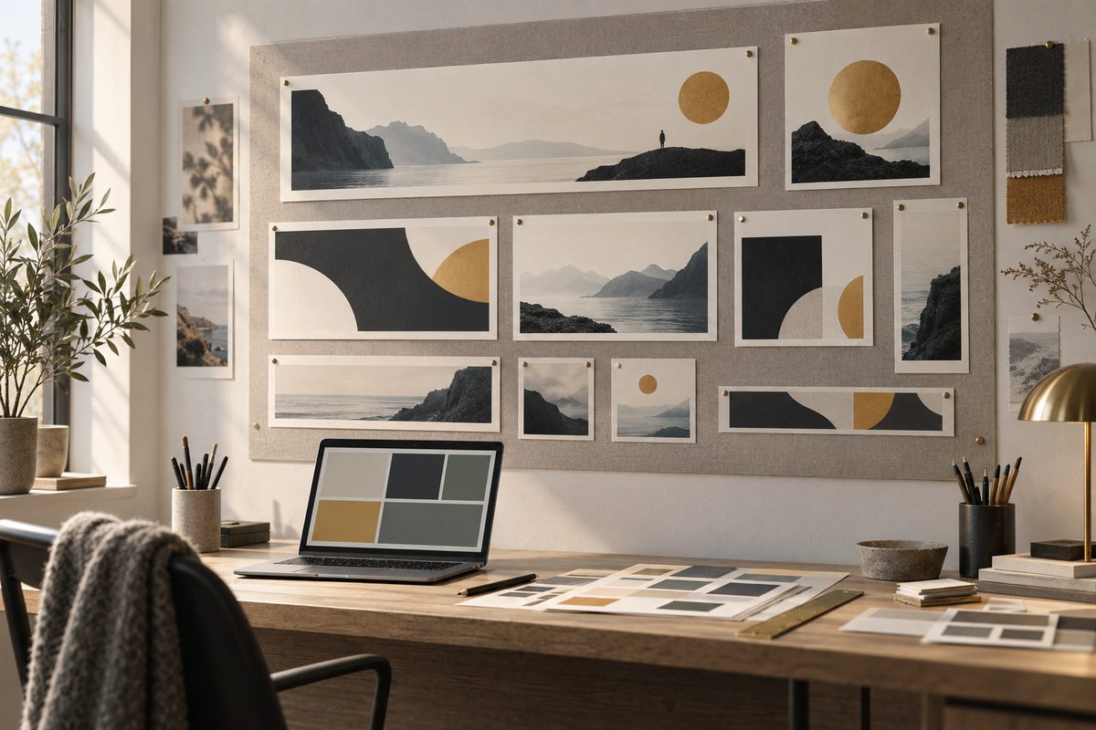 En kreativ arbeidsplass viser bannerutkast i flere formater med abstrakte landskap, fargeprøver og en laptop med fargefelt.