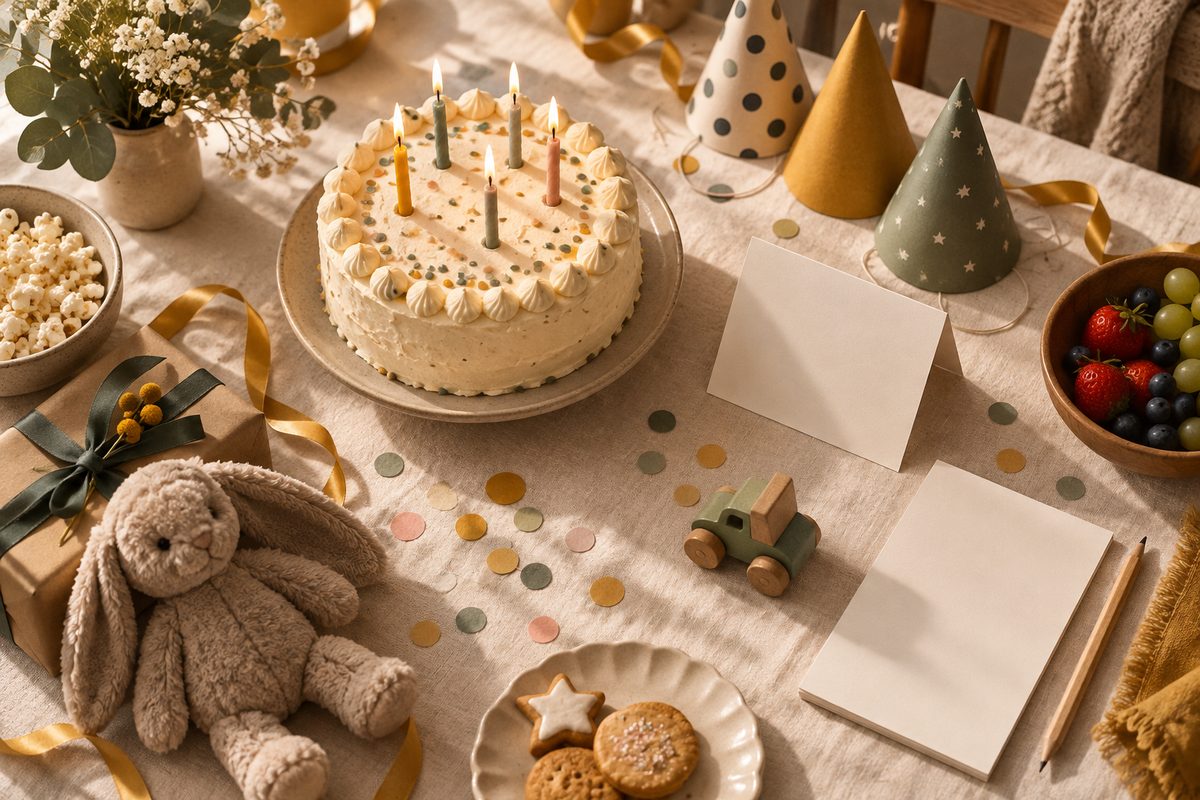 En liten bursdagskake, tomt invitasjonskort, papirhatter og leker ligger samlet på et lyst bord med dempet konfetti.