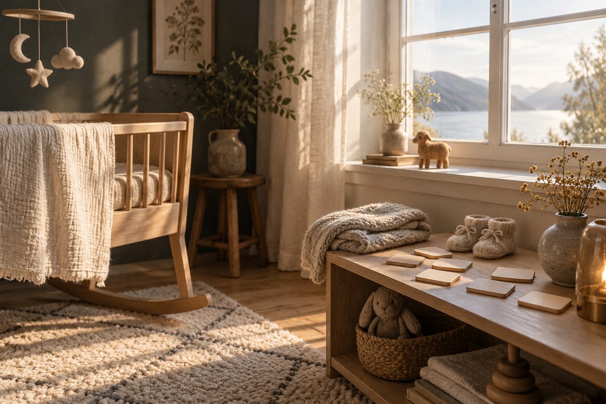 En trekrybbe, strikket teppe, små ullsko og blanke trebrikker står i et lunt barnerom ved et solbelyst vindu.