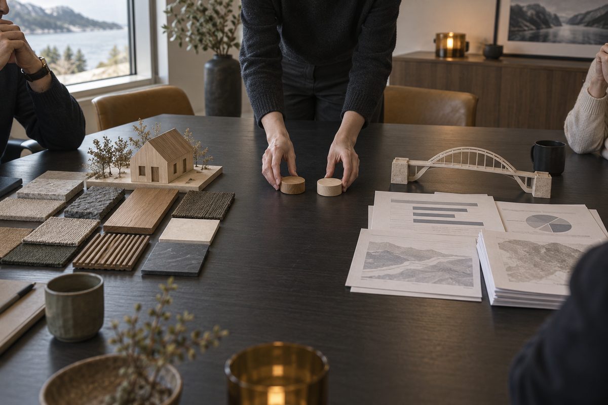 Materialprøver, modeller av hus og bro og papirer med grafer ligger på et møtebord mens hender flytter trebrikker.
