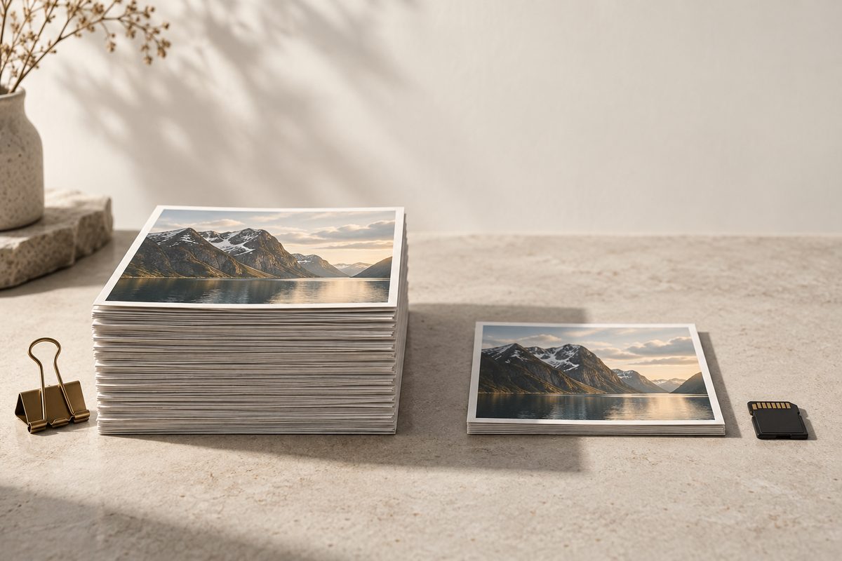 En tykk og en tynn bunke med fjordfotografier står side om side på et lyst bord, med en gullfarget klype og et minnekort.
