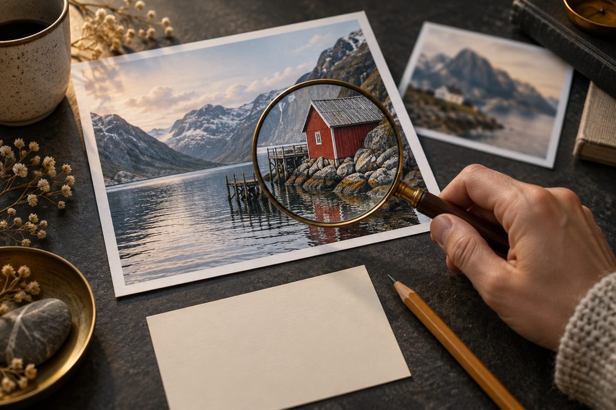 En hånd undersøker et rødt naust ved fjorden gjennom et forstørrelsesglass, med et ekstra fototrykk og blankt kort på bordet.