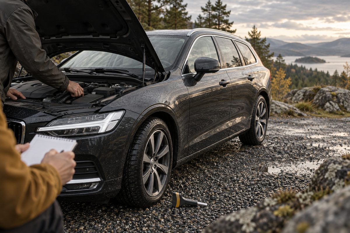 En person undersøker motorrommet i en mørk stasjonsvogn med åpent panser, mens et kontrollark og dekkmåler ligger ved bilen.