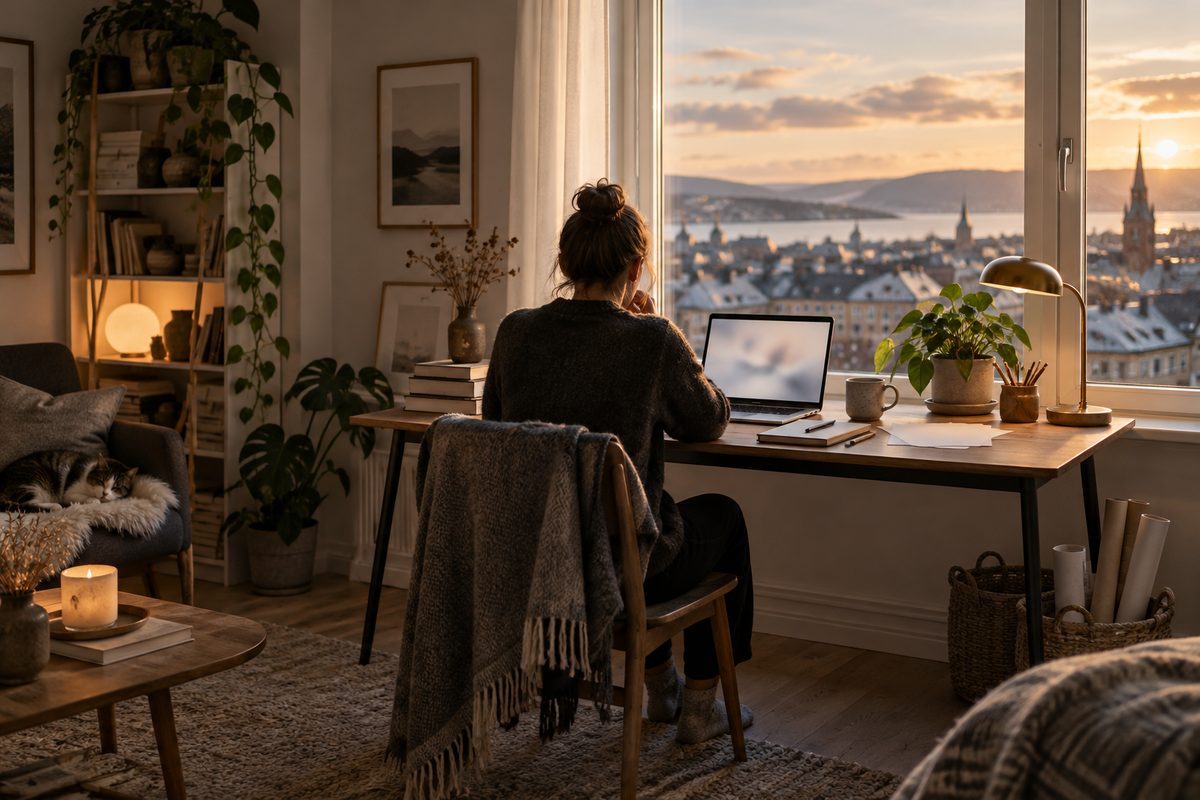En skribent arbeider ved en laptop i et lunt hjemmekontor med planter, kaffekopp og utsikt over byen i kveldssol.