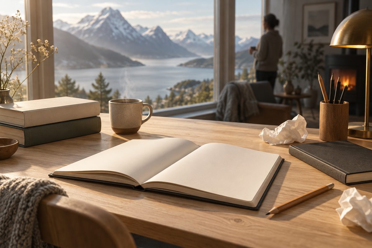 En åpen, blank skrivebok med blyant, bøker og krøllete ark står på bordet foran et vindu mot fjord og fjell.