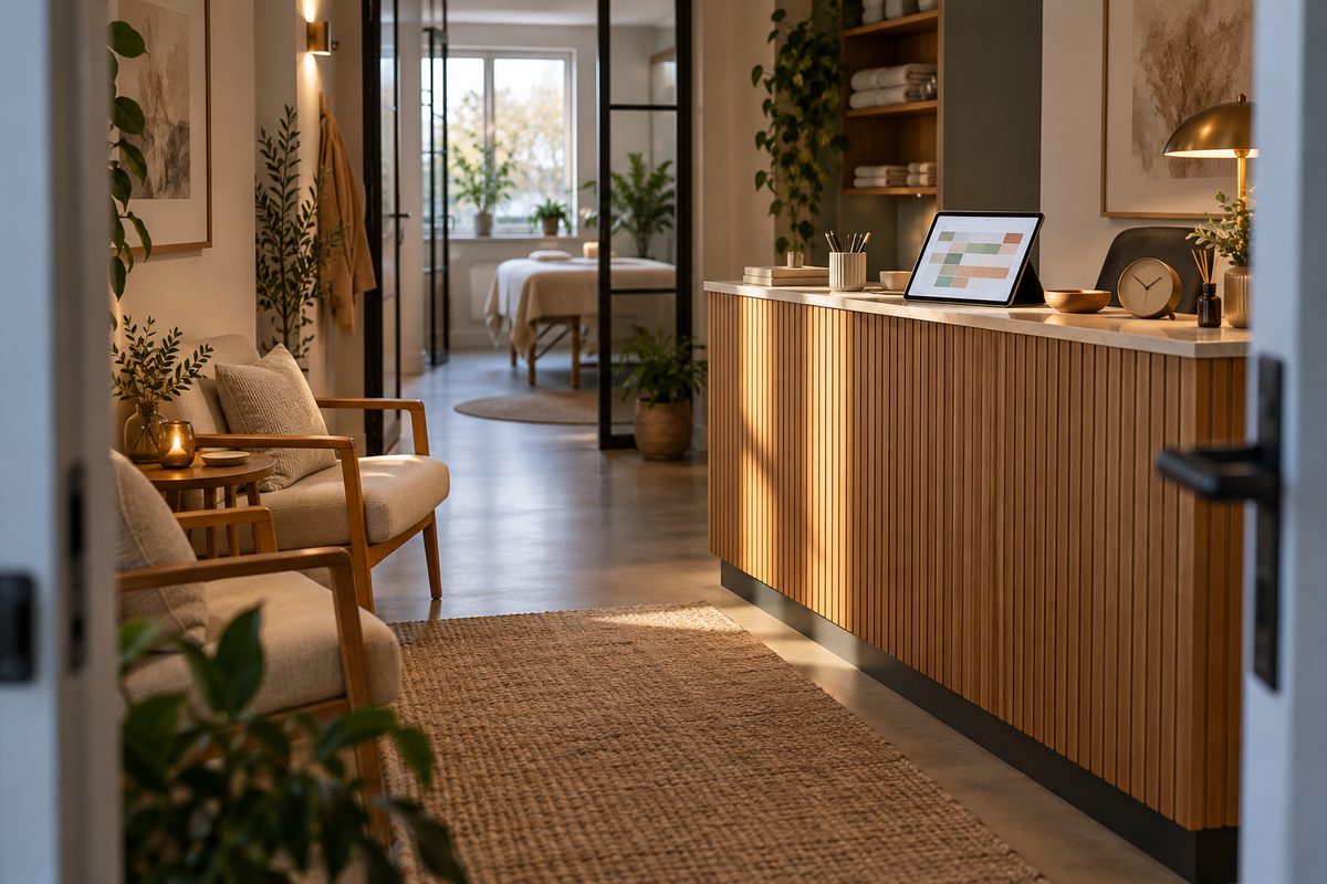 En tom resepsjon i et nordisk behandlingsstudio har nettbrett med fargeblokker, venteplasser og klokke på skranken.