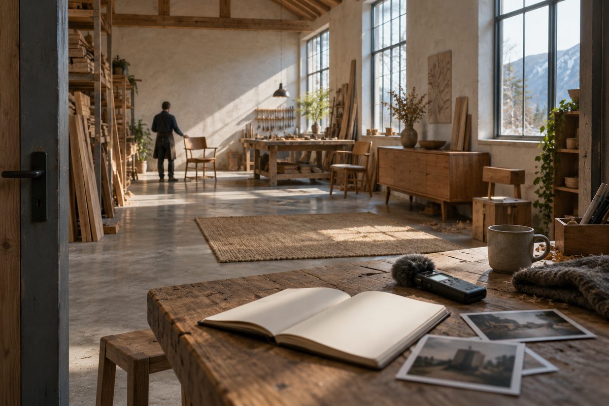 Et treverksted med en håndverker i bakgrunnen og en åpen notatbok, lydopptaker og kundebilder på arbeidsbenken.