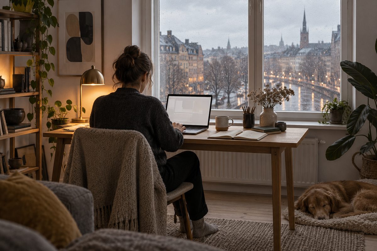 En person arbeider ved en bærbar PC i en lun stue, med notatbok, kaffekopp og regnvåt by bak vinduet.